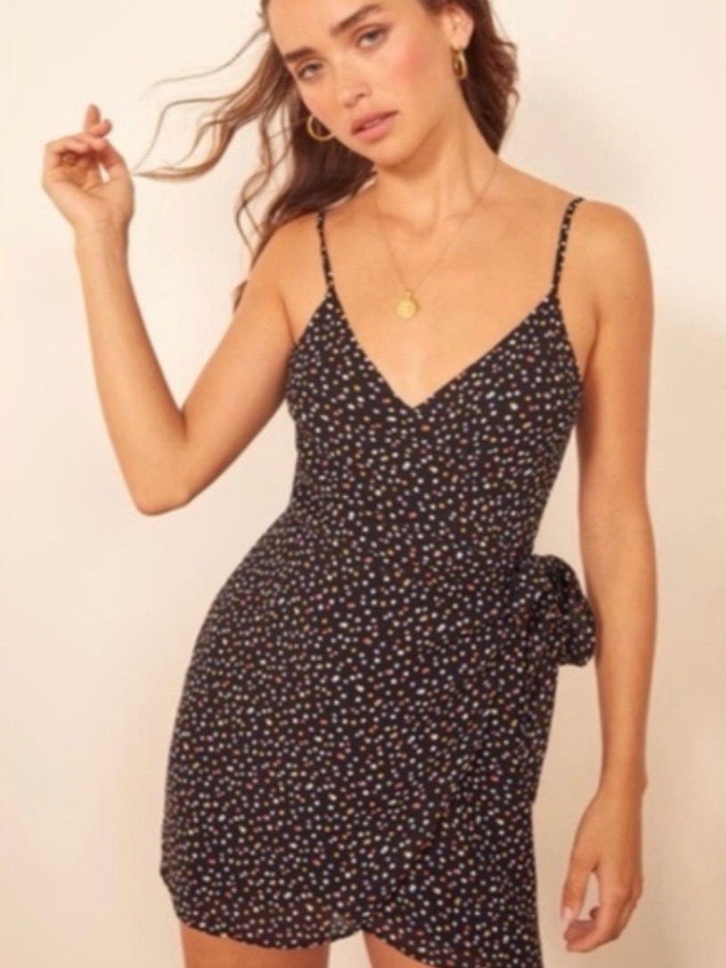 Reformation Black Mini Slip Dress With Multicolor Dot Print